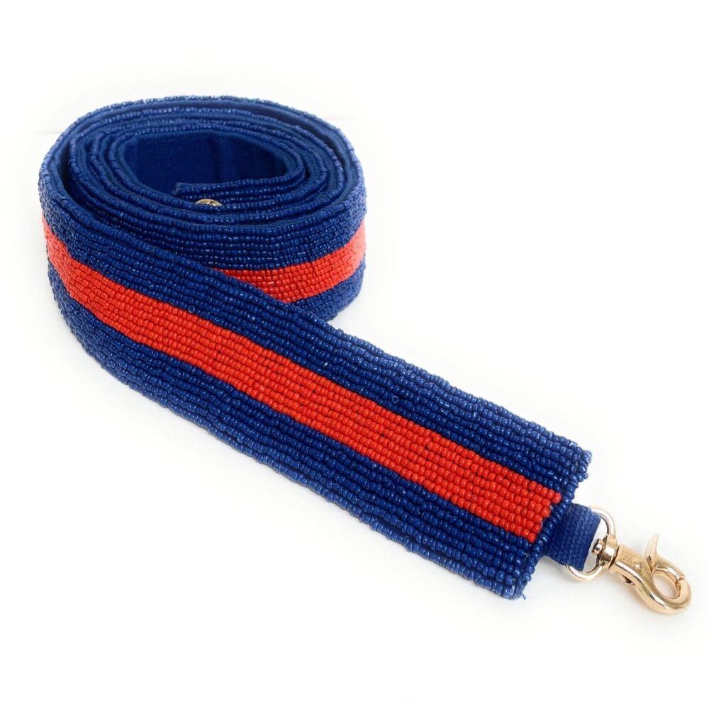 Blue Red Striped Seed Beaded Purse Bag Crossbody Strap Gameday NEW